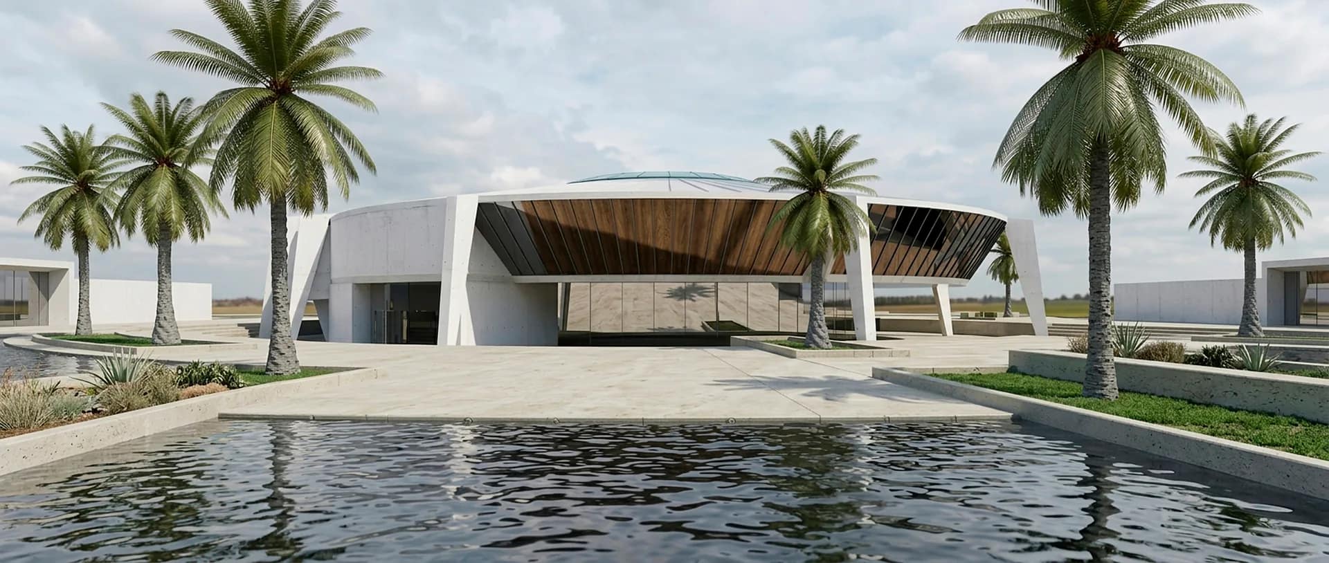 Centro Cultural de Jesús en Ibiza con estanque y palmeras