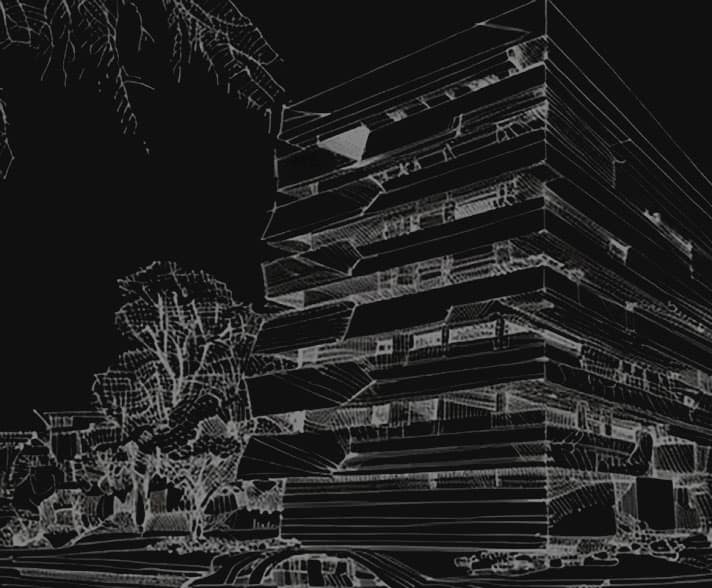 laranegativo1 Croquis a mano del Edificio Lara en León, trazo blanco sobre fondo negro
