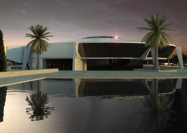 Centro Cultural de Jesús, Ibiza: vista nocturna con lámina de agua